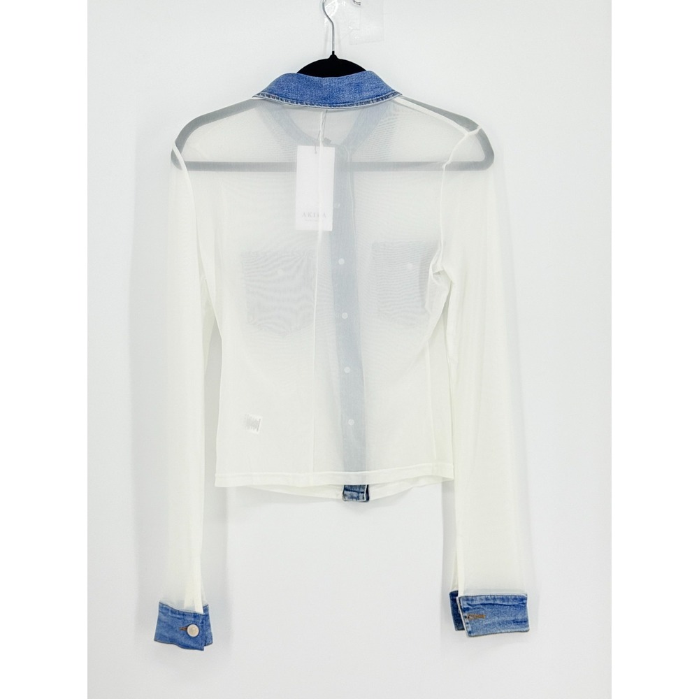 New Akira Womens Sheer Mesh Denim Trimmed Crop Top Size S Western Country y2k - Picture 3 of 8